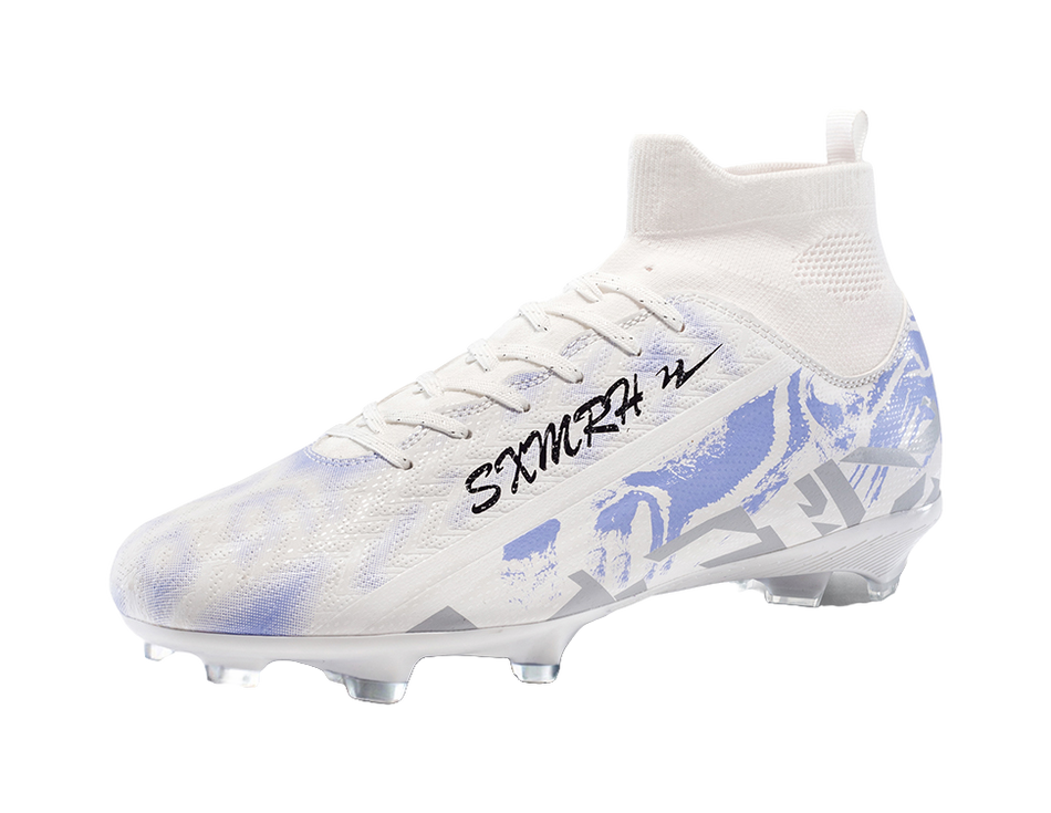 White high-top soccer shoe with blue print, laces, and textured upper