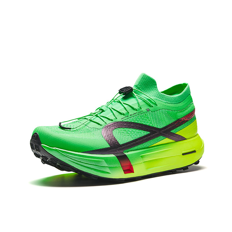 Neon green lace-up running shoe with black side logo, red accent, and cushioned sole