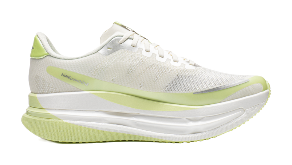 Low-top running shoes with white mesh upper and neon green heel and midsole layer