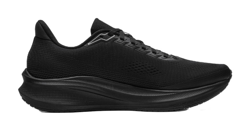 Black lace-up running shoe, side view, textured knit upper and molded midsole.