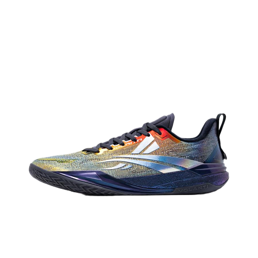 Basketball shoe side angle with rainbow speckled upper, orange lace detail, dark sole.
