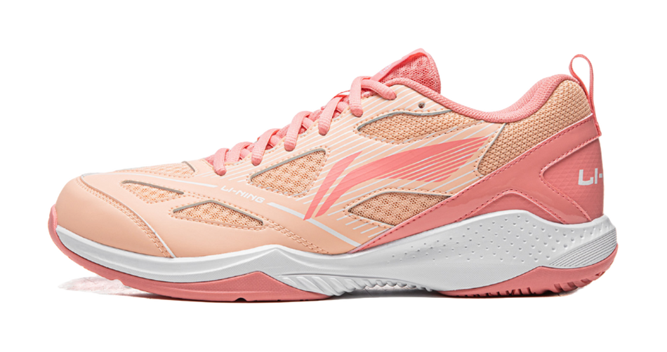 Unisex indoor badminton shoe, pink and white upper with pink laces and gray sole