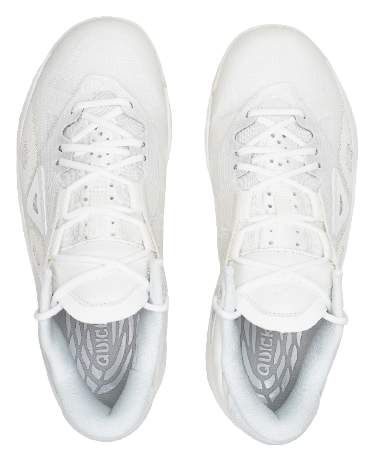 Pair of pure white low-top basketball shoes, lace-up front, textured toe panels