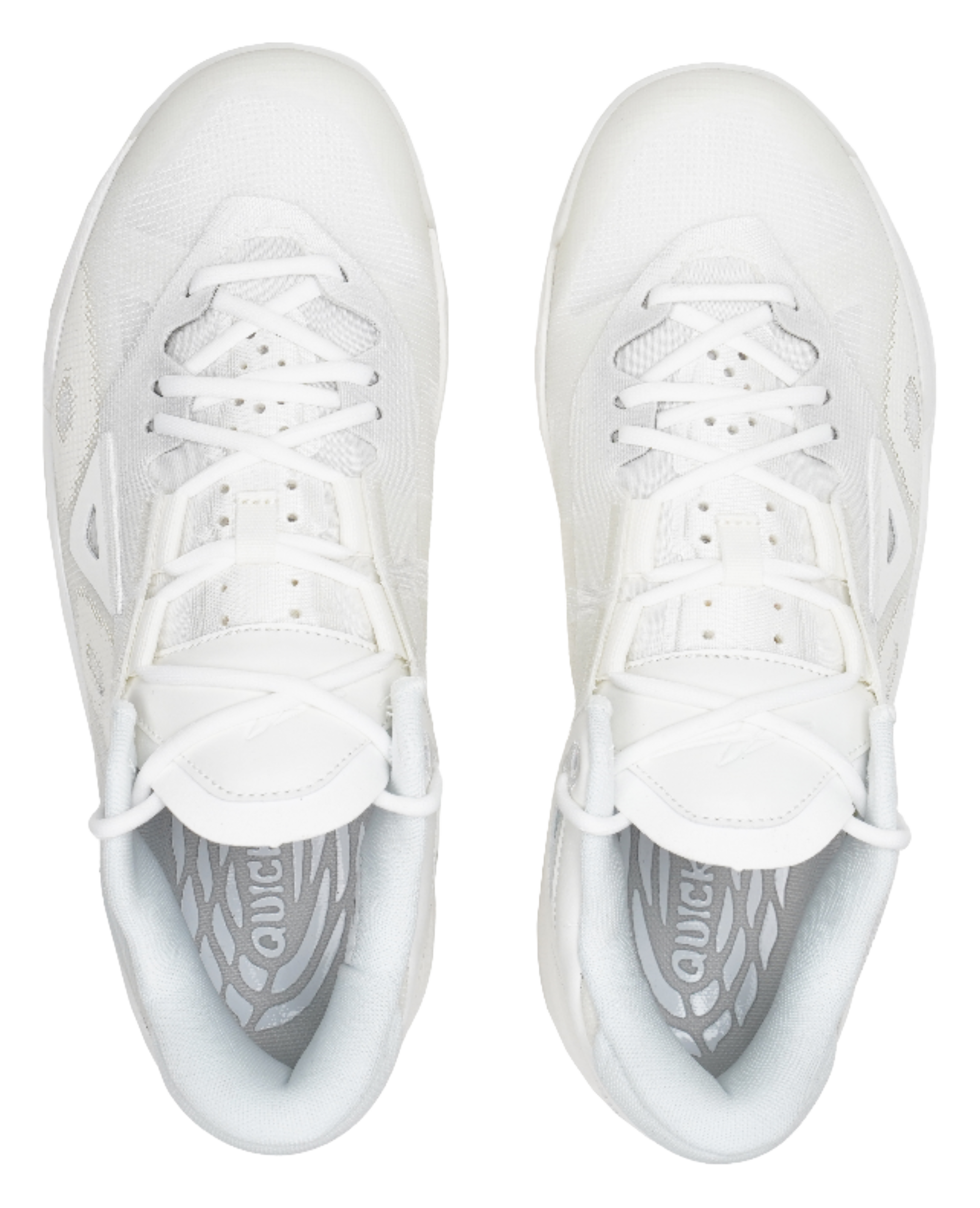 Pair of pure white low-top basketball shoes, lace-up front, textured toe panels