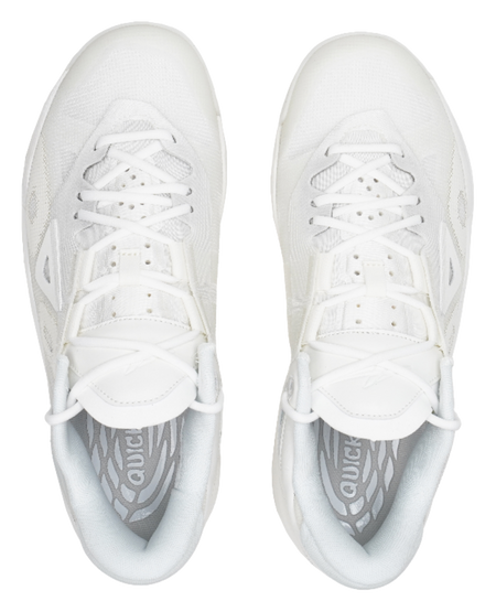Pair of pure white low-top basketball shoes, lace-up front, textured toe panels