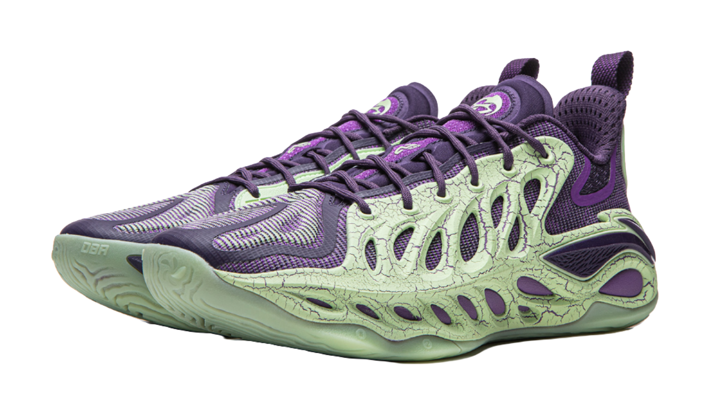 Purple and green basketball shoe angled front view, lace-up with sculpted side