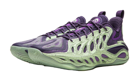 Purple and green basketball shoe angled front view, lace-up with sculpted side