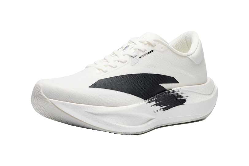 Men's low-top running shoes, white upper with bold black swoosh and thick cushioned sole