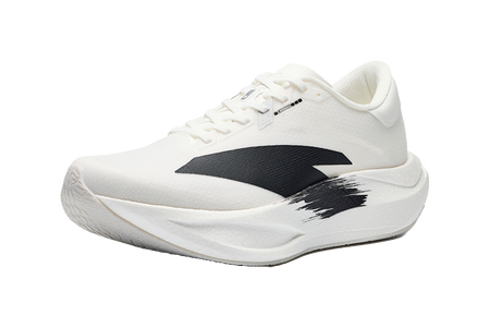 Men's low-top running shoes, white upper with bold black swoosh and thick cushioned sole