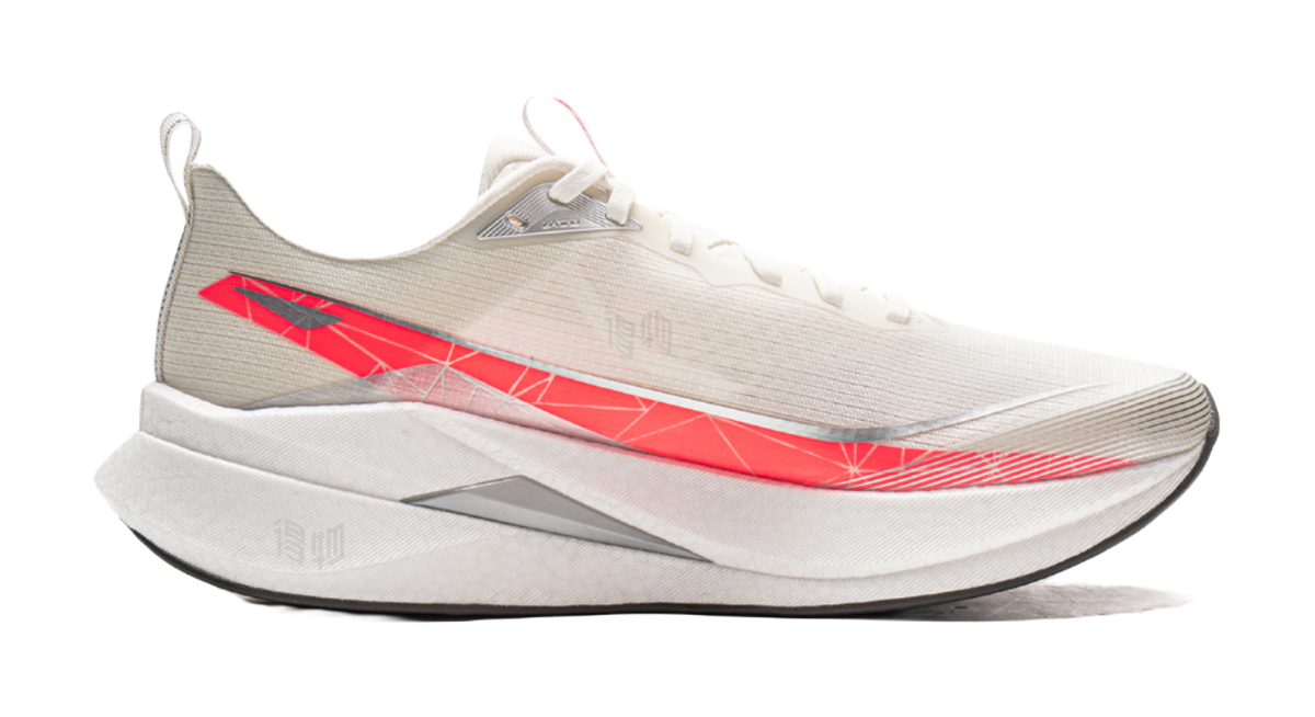 Li-Ning running shoe, white upper with red side panel graphic and thick gray midsole