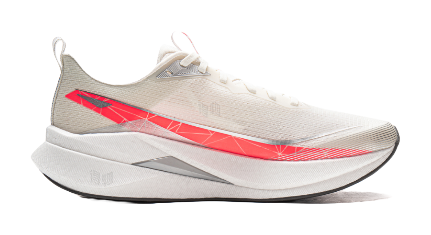 Li-Ning running shoe, white upper with red side panel graphic and thick gray midsole