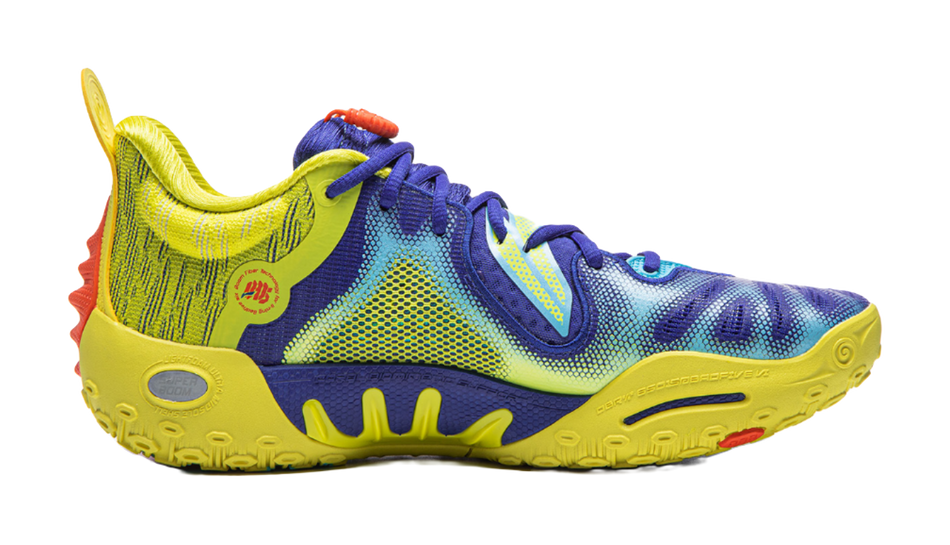 Blue and yellow basketball sneaker with midfoot strap detail and lace-up closure
