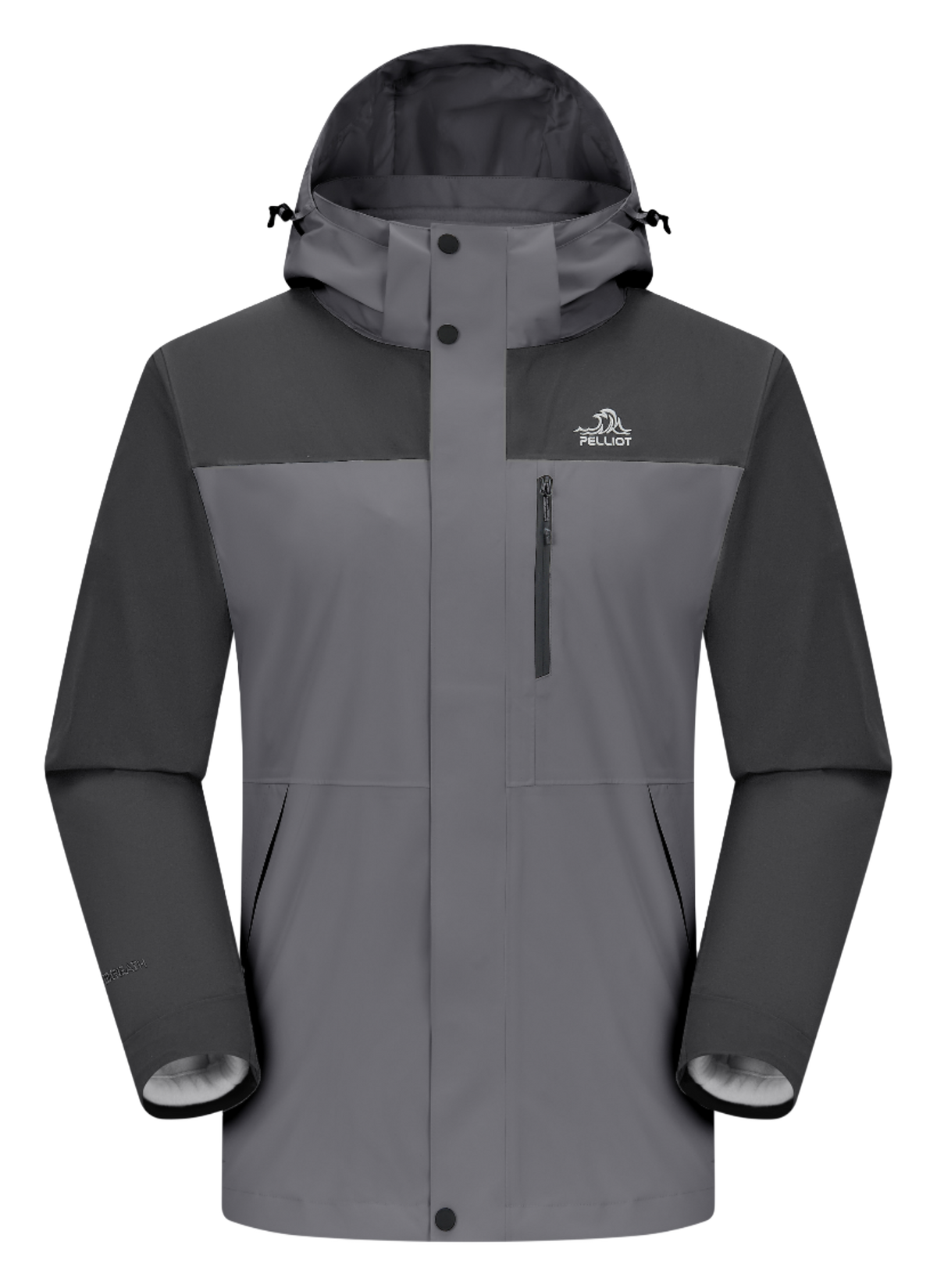 Men's dark gray and black 3-in-1 windbreaker jacket with hood, full zip, chest pocket