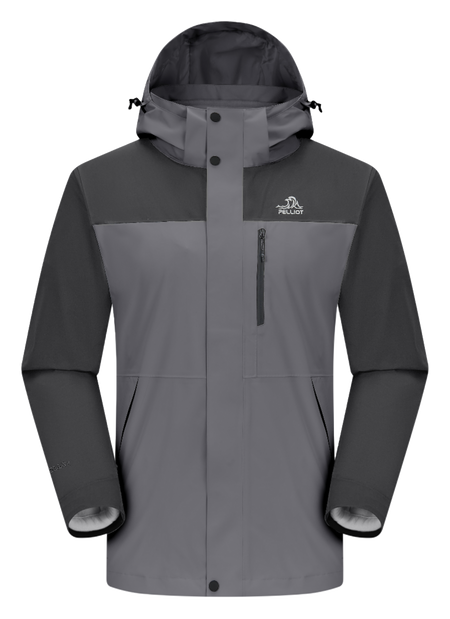 Men's dark gray and black 3-in-1 windbreaker jacket with hood, full zip, chest pocket