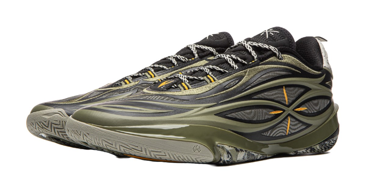 Basketball shoe top view with olive-green/black panels and black laces, orange accents