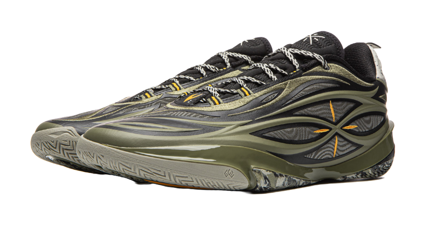 Basketball shoe top view with olive-green/black panels and black laces, orange accents