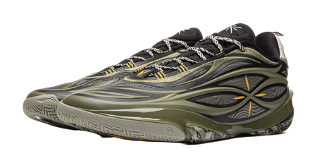 Basketball shoe top view with olive-green/black panels and black laces, orange accents