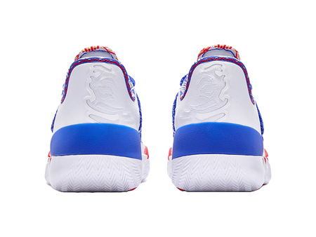 Rear view of white low-top basketball shoes with blue heel panels and textured outsole