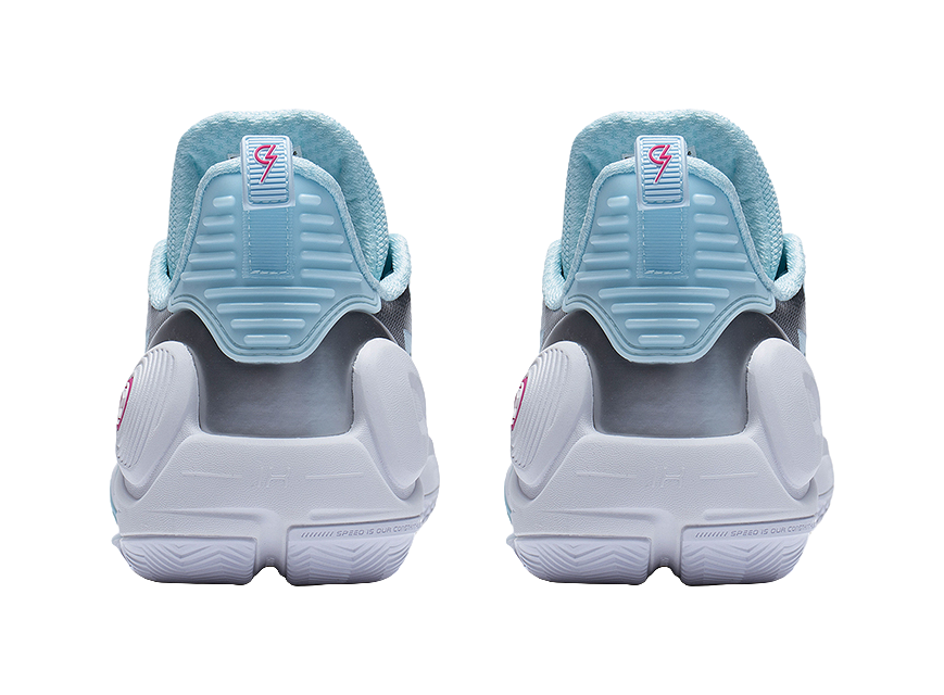 Back view pair of blue basketball shoes with heel padding and logo tabs