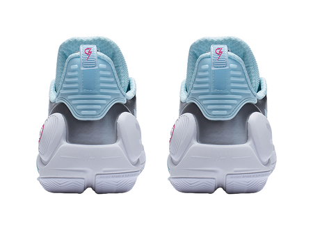 Back view pair of blue basketball shoes with heel padding and logo tabs