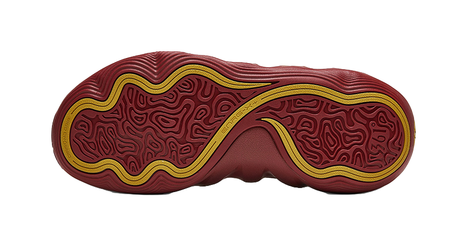 Men's basketball shoe outsole, burgundy tread with yellow outer border