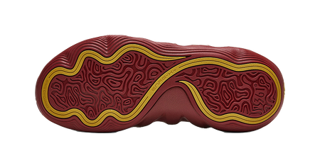 Men's basketball shoe outsole, burgundy tread with yellow outer border
