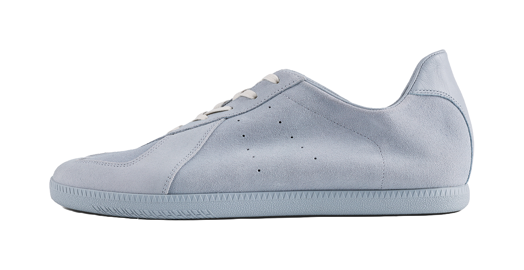 Light gray low-top lace-up sneaker with perforated side and flat rubber sole