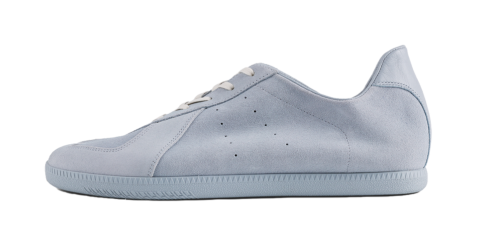 Light gray low-top lace-up sneaker with perforated side and flat rubber sole