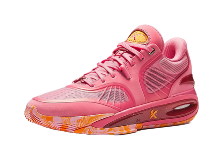 Pink low basketball shoe with lace-up front, padded collar, orange outsole