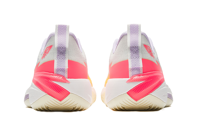 Unisex basketball shoe with purple heel strap and bright pink heel panel