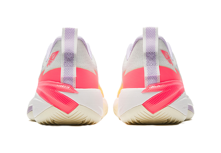Unisex basketball shoe with purple heel strap and bright pink heel panel