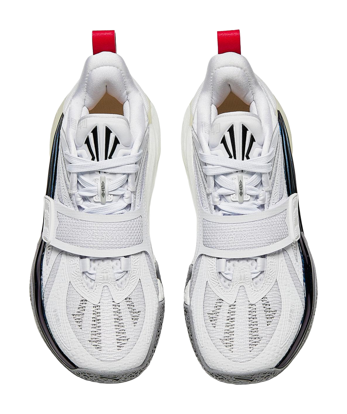 Back view of white basketball shoes with red heel tabs and black logo patch.