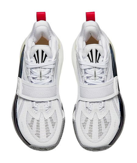 Back view of white basketball shoes with red heel tabs and black logo patch.