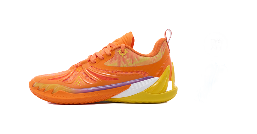 Orange lace-up basketball shoe with yellow heel and white midsole, side profile view
