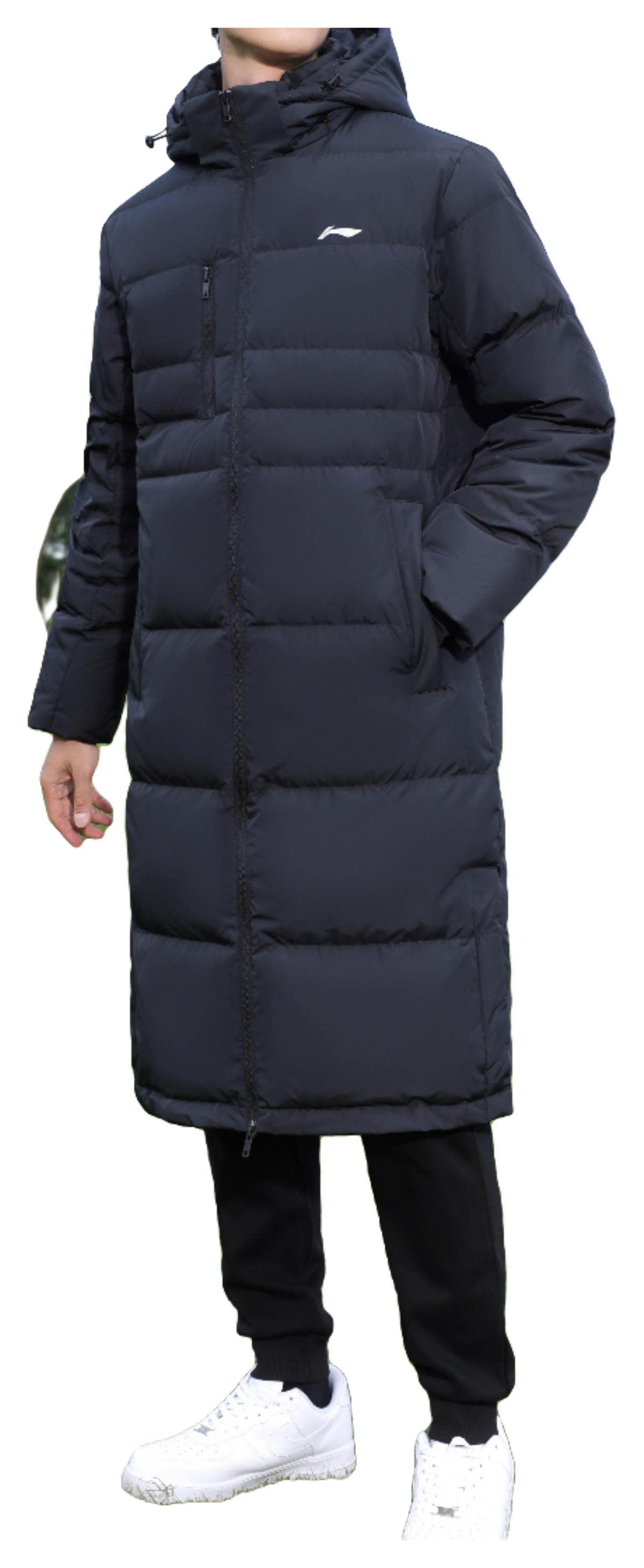 Men's black long puffer down jacket, chest logo, hood and zip front side view