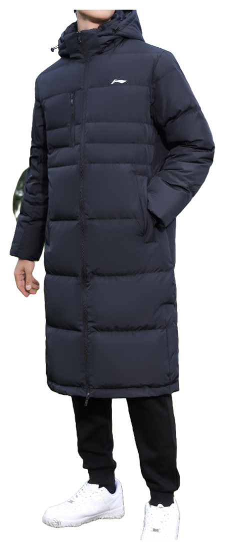 Men's black long puffer down jacket, chest logo, hood and zip front side view