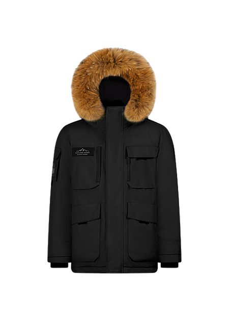 Black winter down jacket with faux-fur hood, zip front, and chest flap pockets