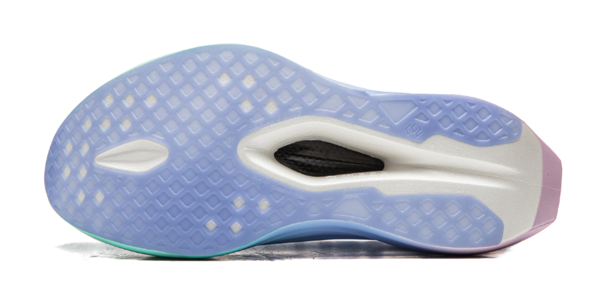 Unisex running shoe outsole, textured blue rubber with mint edge and white midfoot