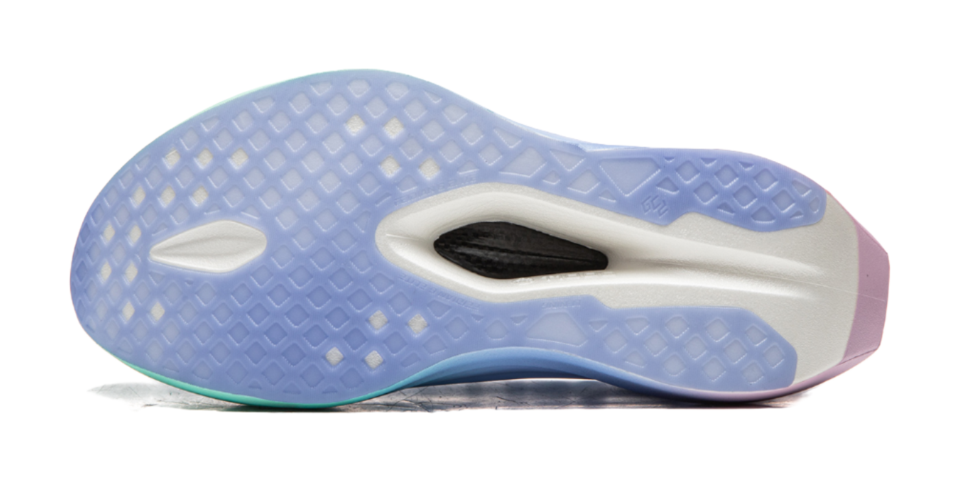 Unisex running shoe outsole, textured blue rubber with mint edge and white midfoot
