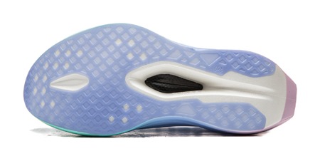 Unisex running shoe outsole, textured blue rubber with mint edge and white midfoot