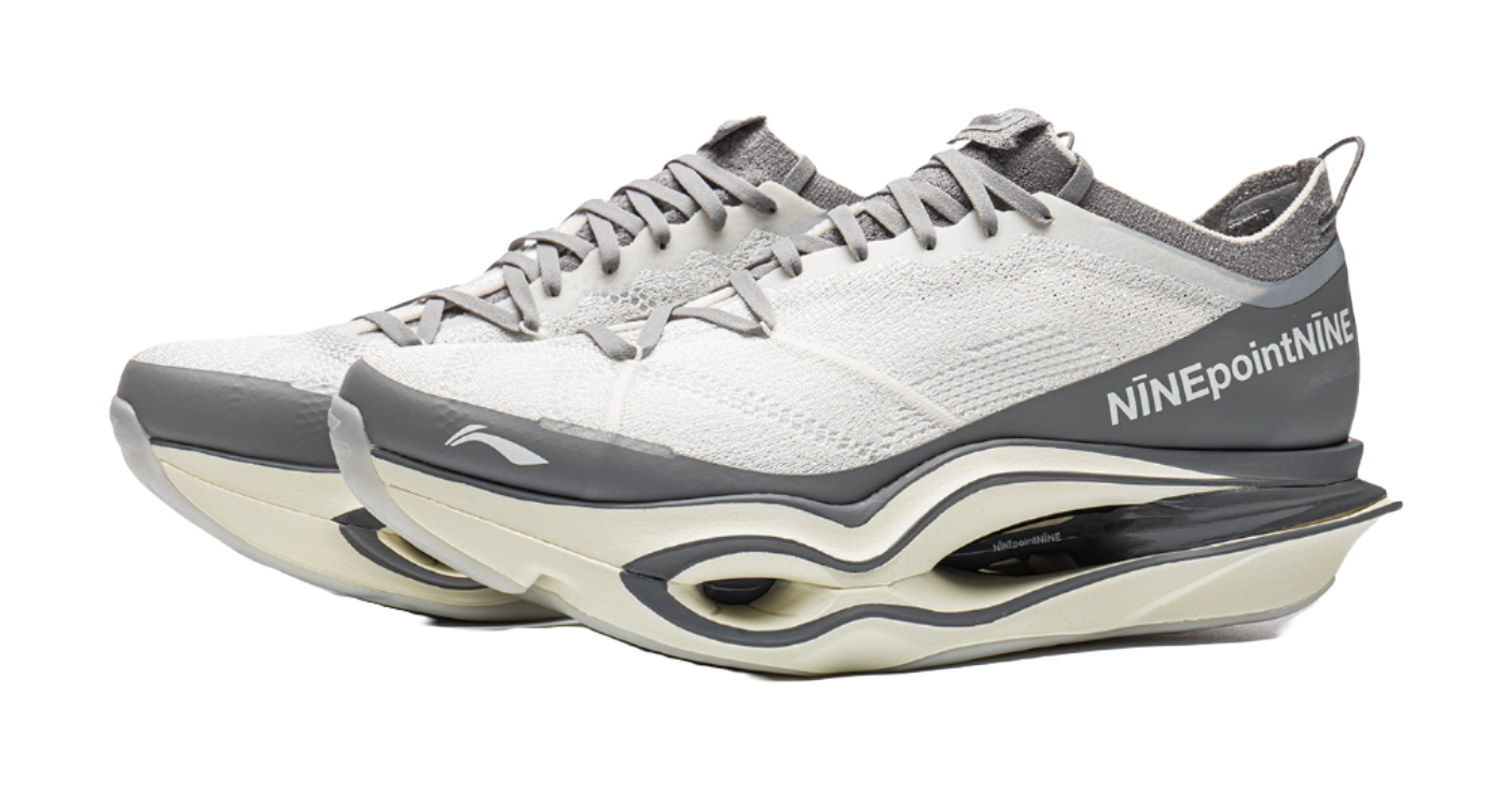 Li Ning x NINEPointNINE low-top running shoes, white knit pair with gray heels, lace-up
