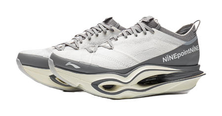 Li Ning x NINEPointNINE low-top running shoes, white knit pair with gray heels, lace-up
