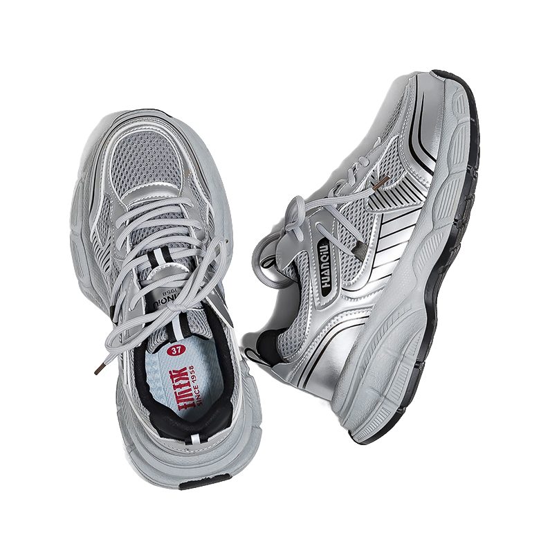HUANQIU Abrasion Resistant Breathable Low top Chunky Sneakers Women's Silver Gray 