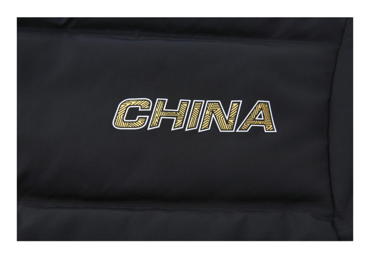 Black long down jacket with CHINA logo on the back panel