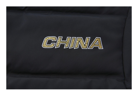 Black long down jacket with CHINA logo on the back panel