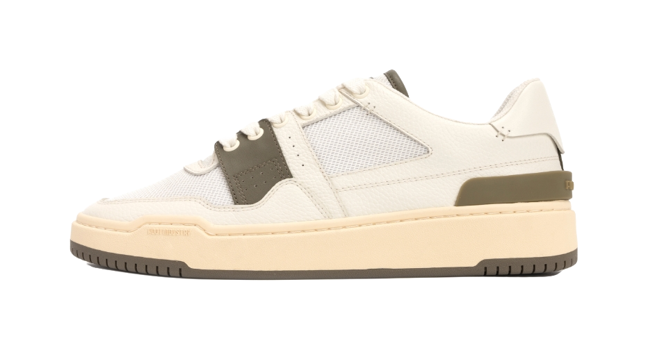 Ecru low-top skate shoes with mesh uppers and olive panel accents