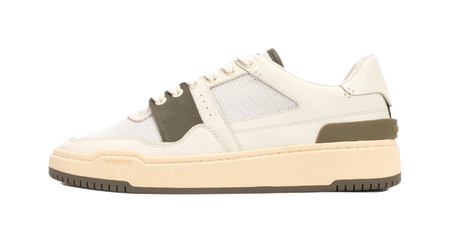 Ecru low-top skate shoes with mesh uppers and olive panel accents
