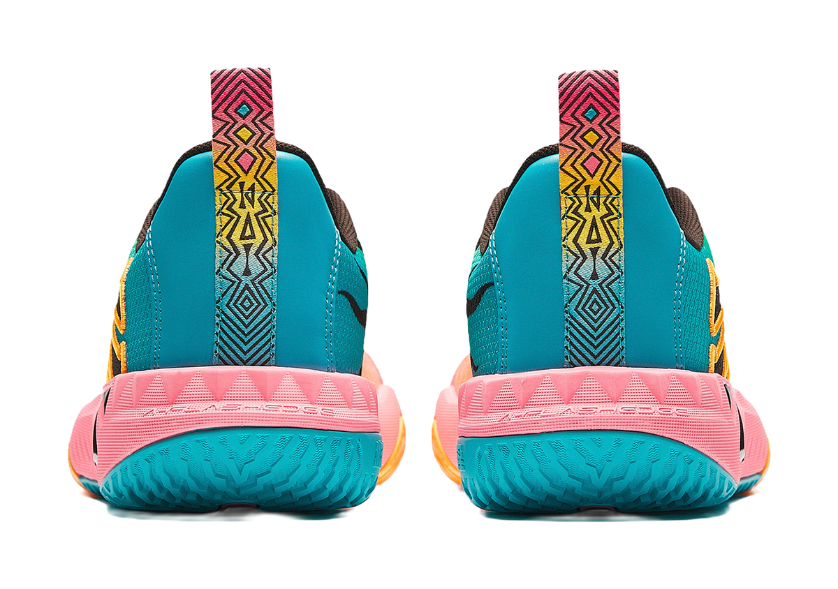 Anta KAI 2 Team basketball shoe heel view, teal back with pink outsole