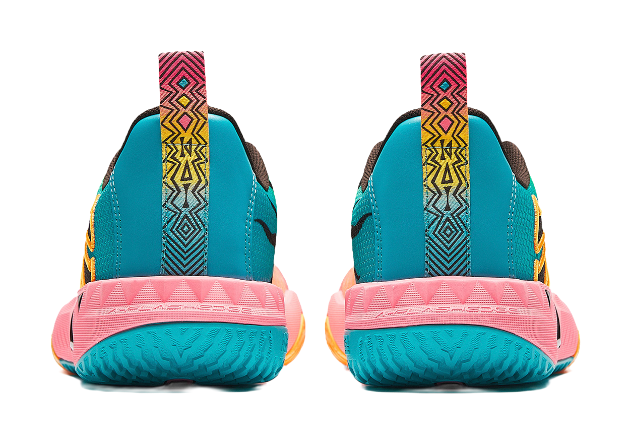 Anta KAI 2 Team basketball shoe heel view, teal back with pink outsole