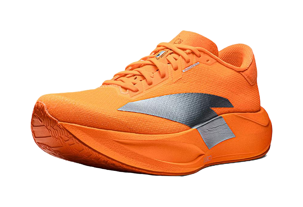 Orange running shoes with blue side logo, lace-up mesh upper, cushioned sole.